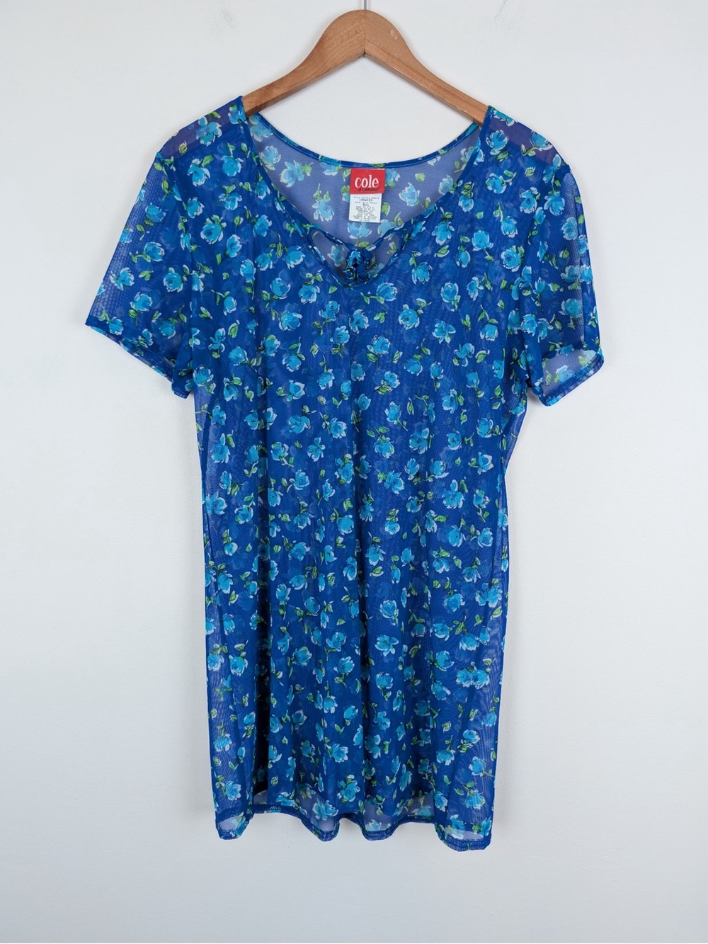 Vintage 90s Floral Sheer Mesh Mini Dress/ Swim Cover by Cole of California